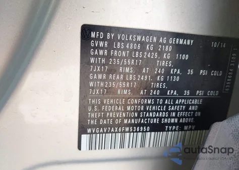 2015 Volkswagen Tiguan S/Se/Sel/R-Line z USA, uszkodzony, nr VIN WVGAV7AX6FW536950